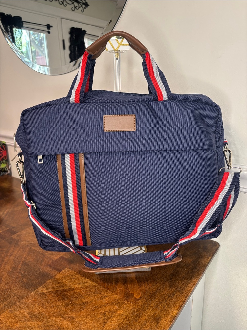 Navy Canvas Laptop Briefcase with Red-White-Blue Accent Strap NWT - Picture 3 of 11